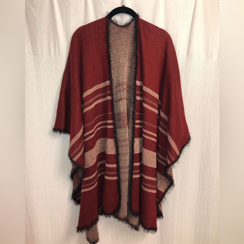 Red and Cream striped Poncho shawl